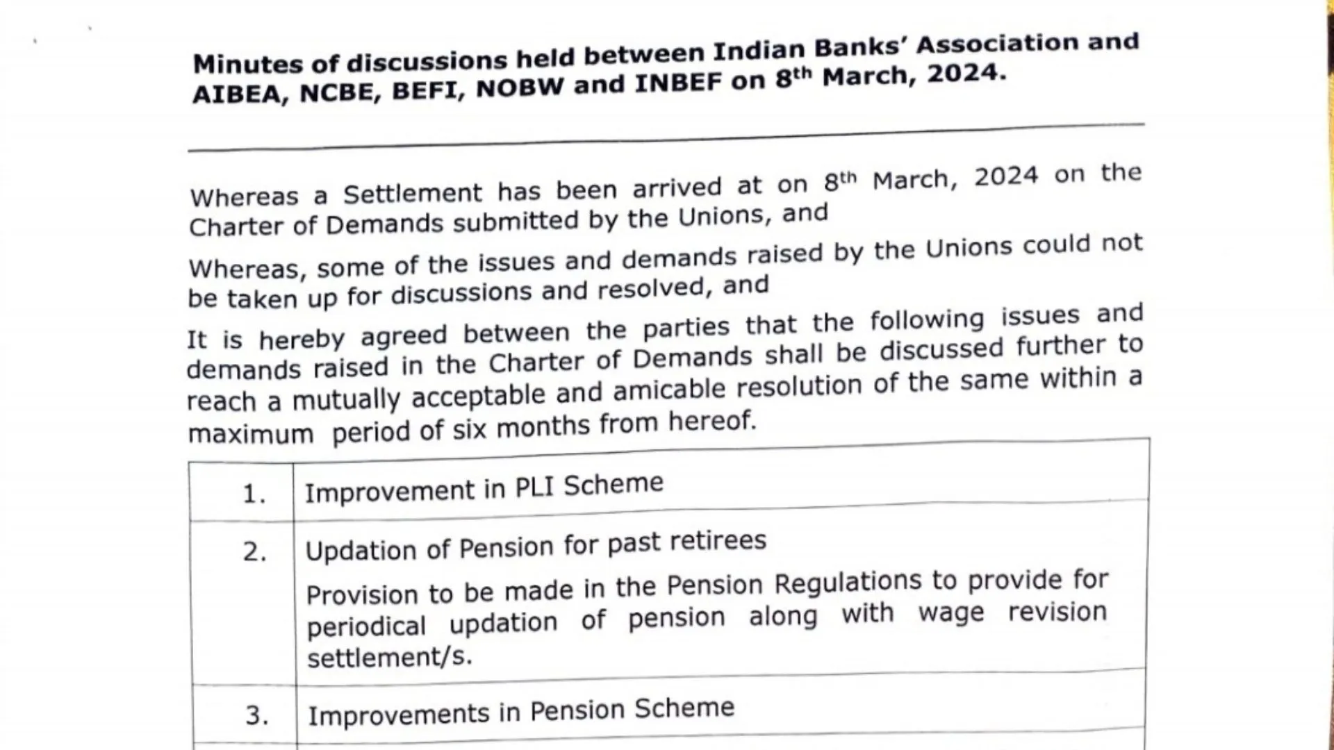 Minutes of discussion held between IBA and Bank Unions related to 12th Salary settlement