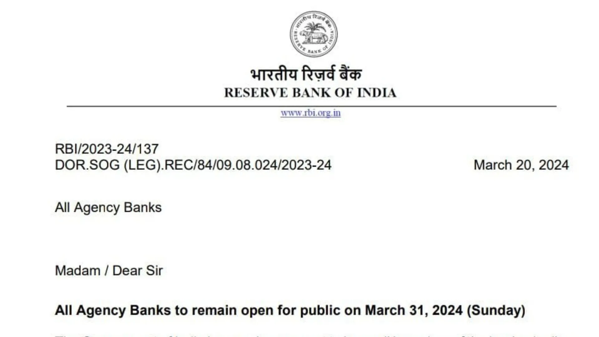 RBI directs all agency Banks to remain open on 31 March