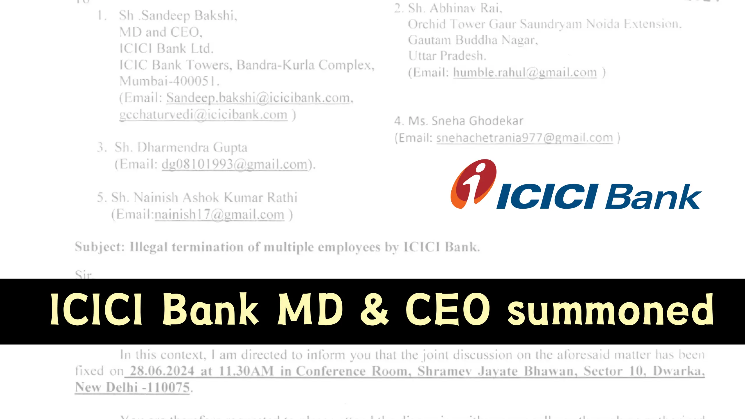 ICICI Bank MD & CEO summoned over illegal termination of Employees