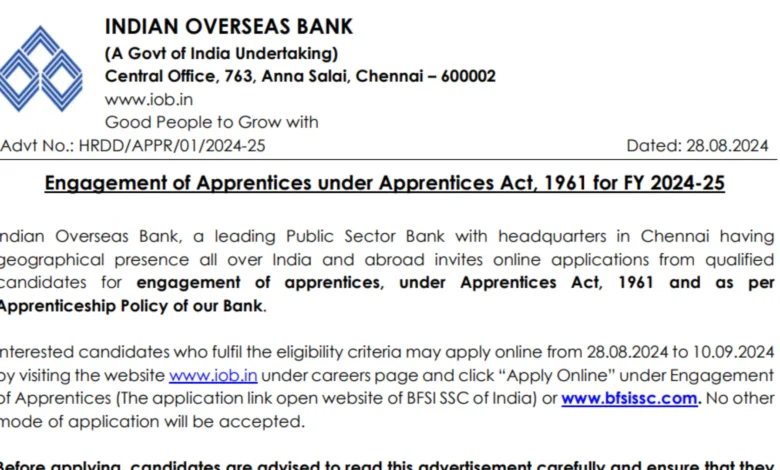 Indian Overseas Bank Apprentice Recruitment 2024 [550 Post] Notification and Online Form