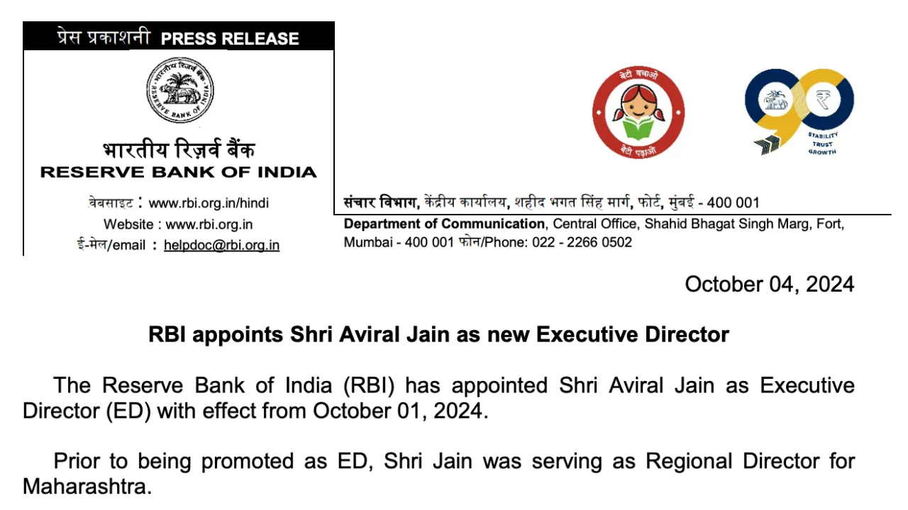 RBI appoints Shri Aviral Jain as new Executive Director