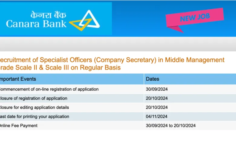 Canara Bank Specialist Officer Recruitment 2024, Apply Online for Company Secretary Posts