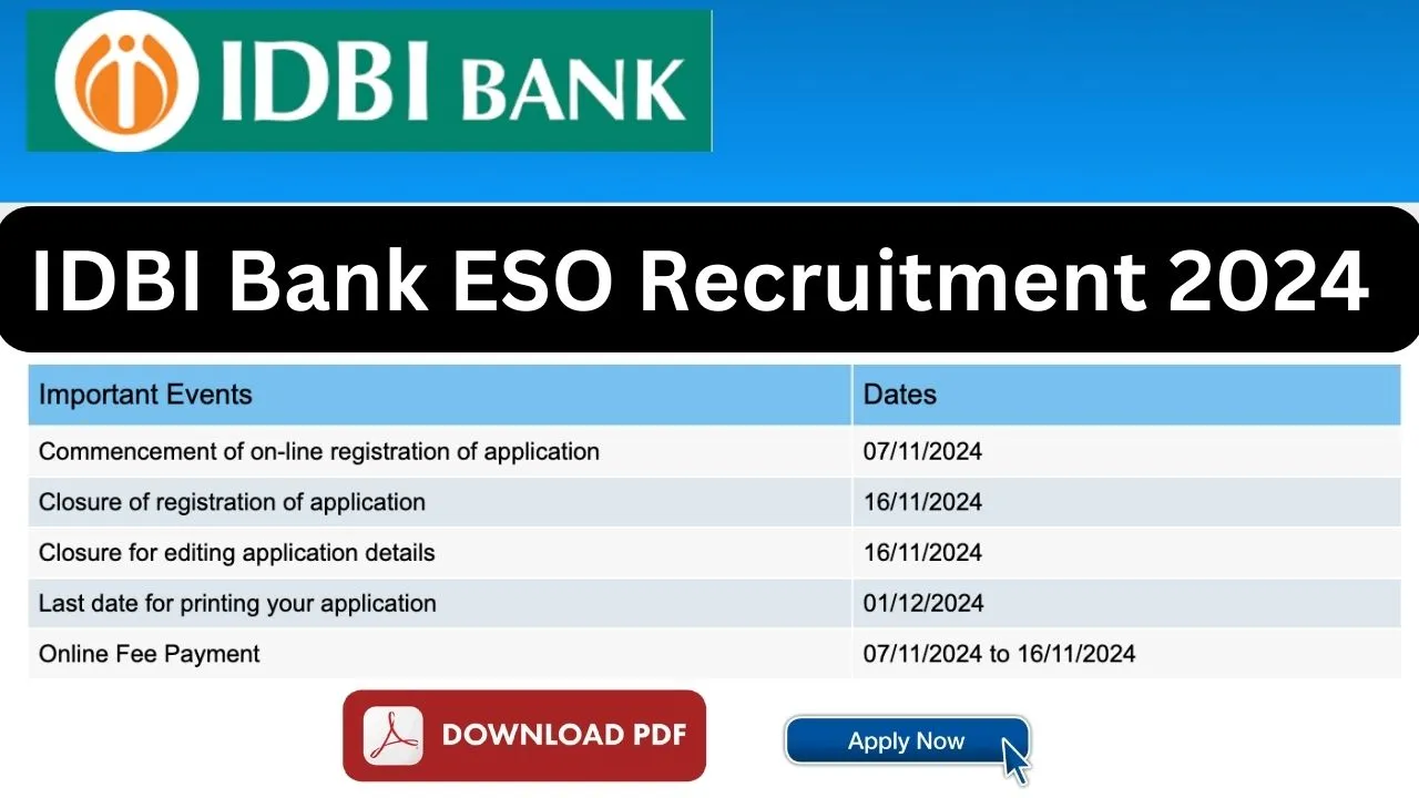 IDBI Bank ESO Recruitment 2024 Notification PDF, 1000 Vacancies Released, Apply Online