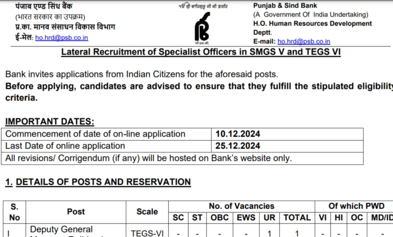 Punjab and Sind Bank Recruitment 2024 Apply Online for Various Posts