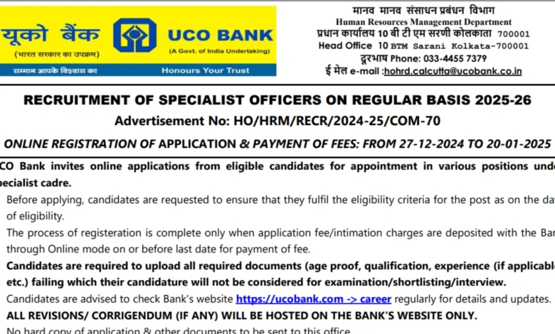 UCO Bank SO Recruitment 2024-25 Notification OUT for 68 Posts, Apply Online