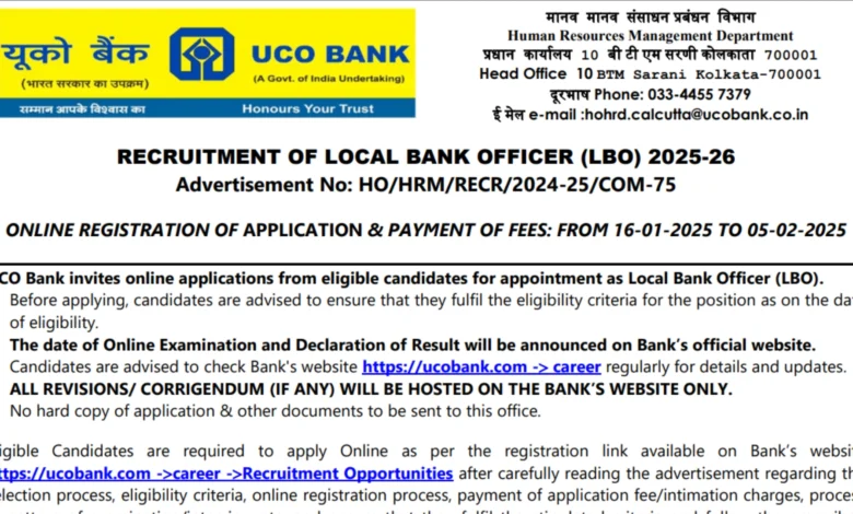 UCO Bank LBO Recruitment 2025 Local Bank Officer Notification and Online Form