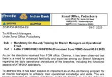 Indian Bank Puducherry Zone orders Branch Managers to do work of Junior Post to understand Banking better