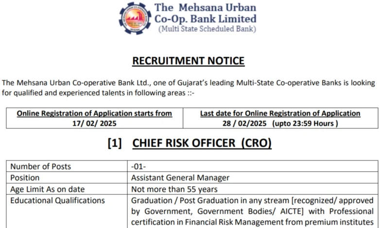 MUC Bank Recruitment 2025 Notification Out for Chief Risk Officer Post, Apply Now