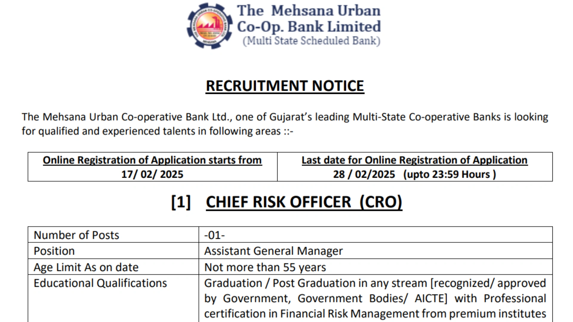 MUC Bank Recruitment 2025 Notification Out for Chief Risk Officer Post, Apply Now