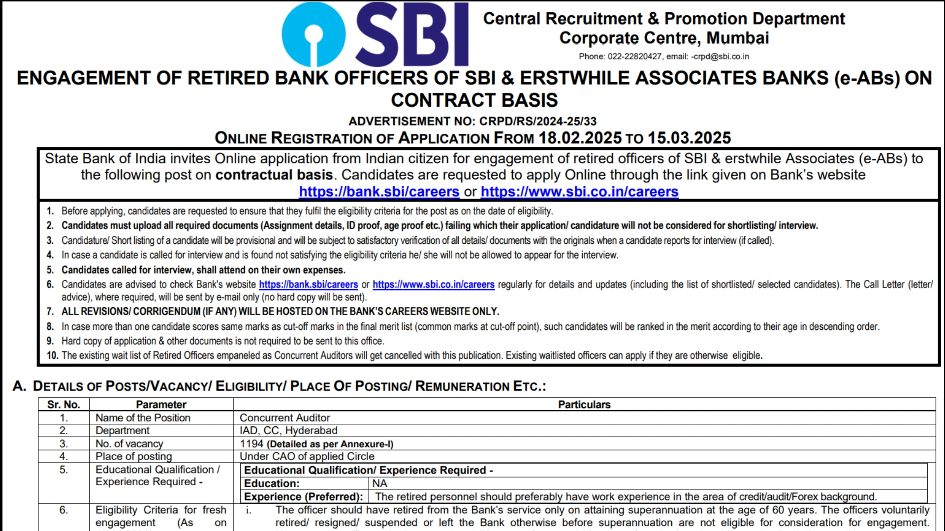 SBI Bank Concurrent Auditor Recruitment 2025 Notification Released for 1194 Posts, Apply Online