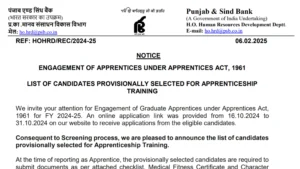 Punjab and Sind Bank Apprentice Result 2025 Out