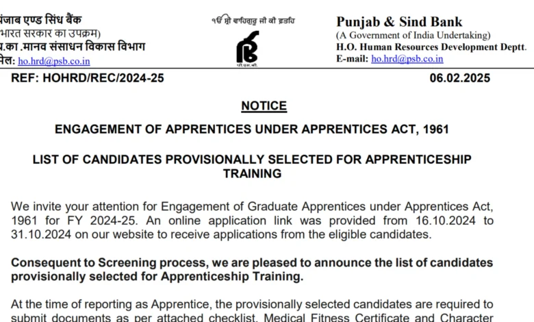 Punjab and Sind Bank Apprentice Result 2025 Out