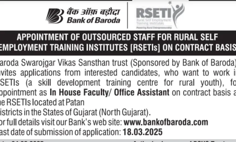 Bank of Baroda Recruitment 2025 Notification for Faculty and Office Assistant Post at RSETI Patan Gujarat