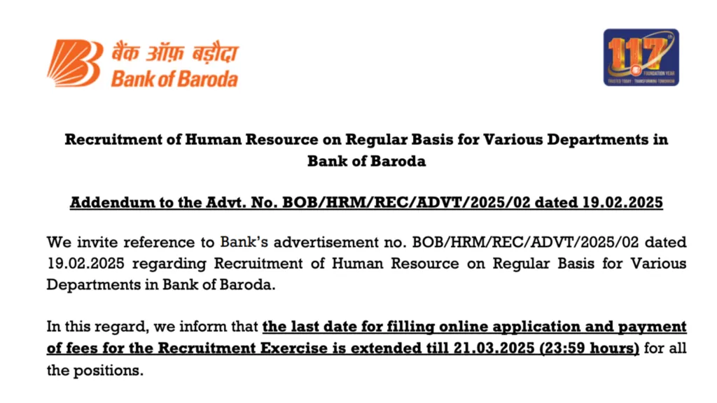 Bank of Baroda Specialist Officers (SO) Last Date Extended, Check Important Notice
