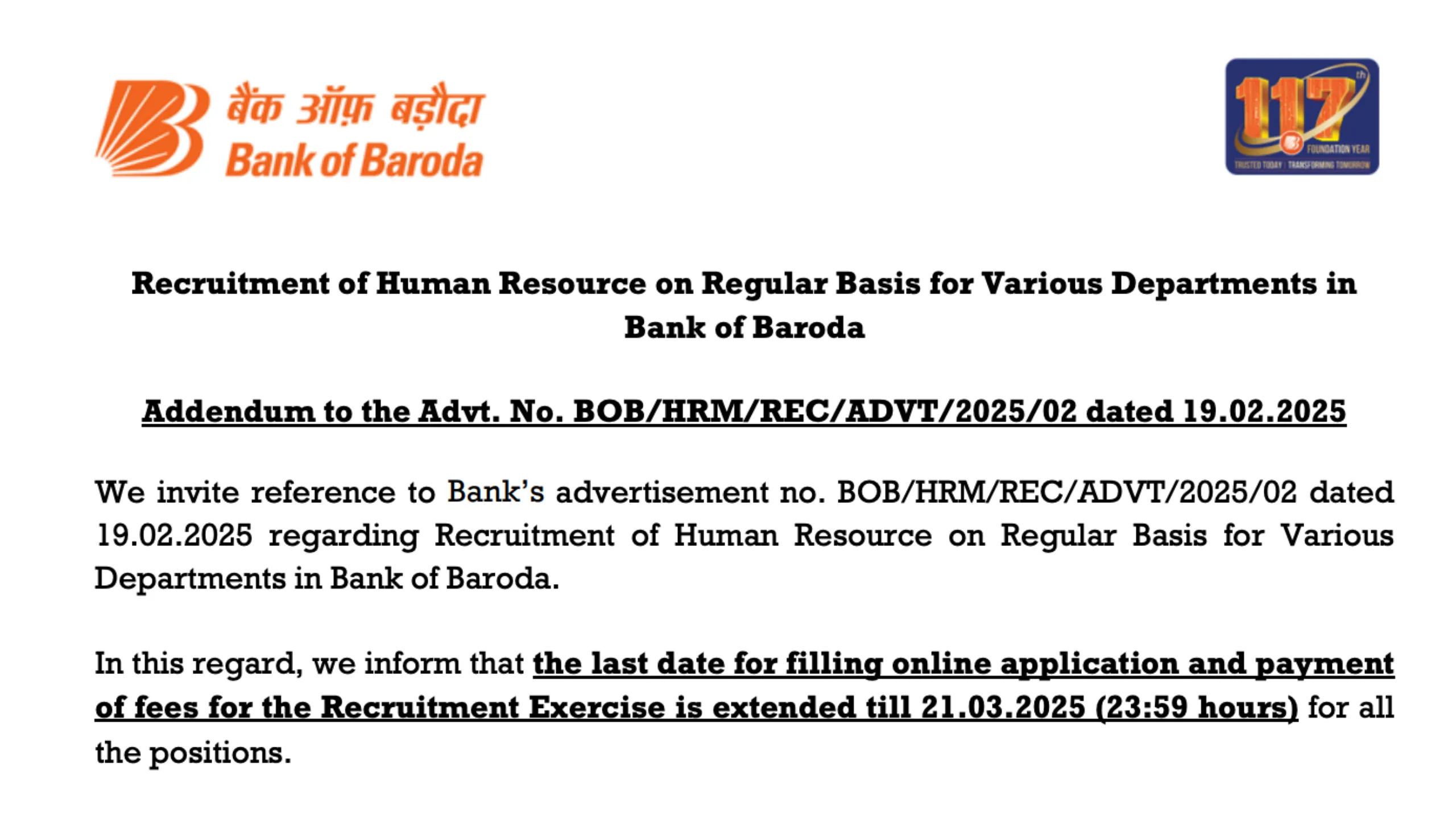 Bank of Baroda Specialist Officers (SO) Last Date Extended, Check Important Notice