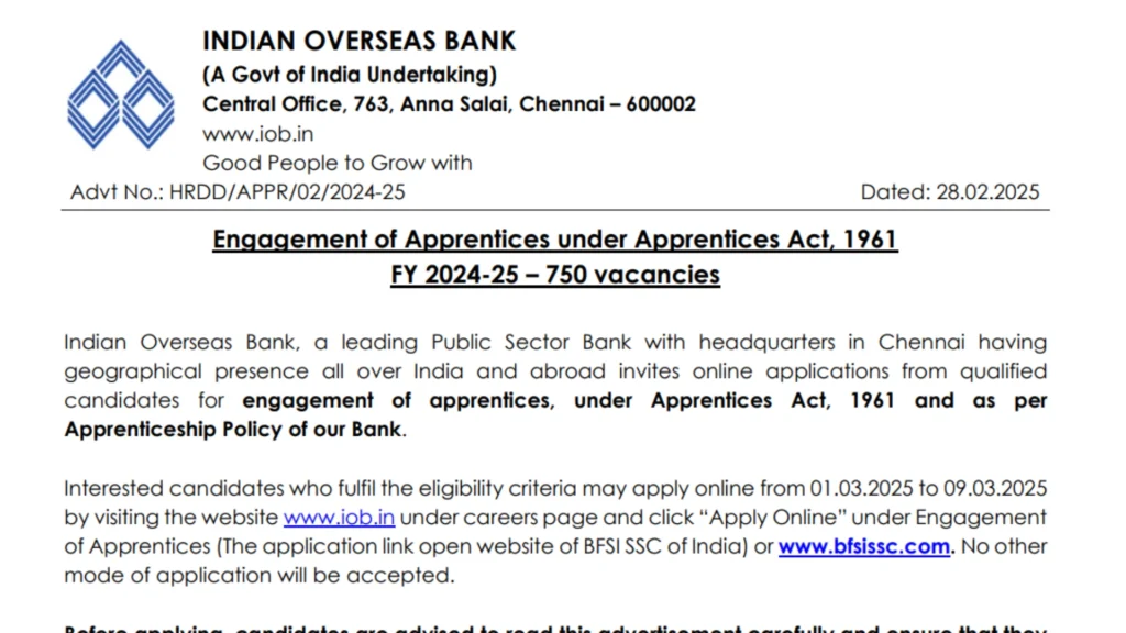 Indian Overseas Bank Apprentice Recruitment 2025 Notification Out and Apply Online for 750 Posts
