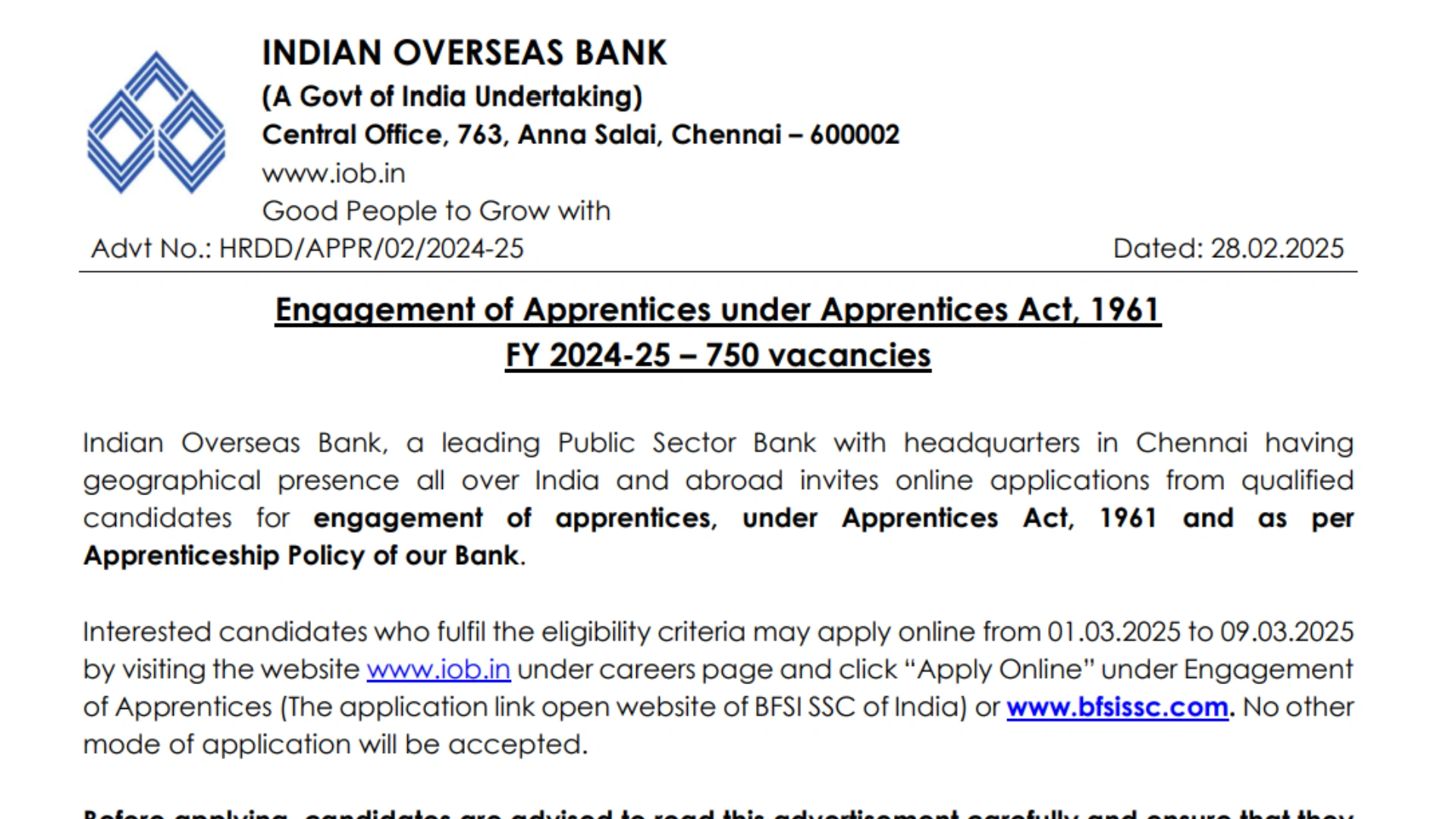 Indian Overseas Bank Apprentice Recruitment 2025 Notification Out and Apply Online for 750 Posts