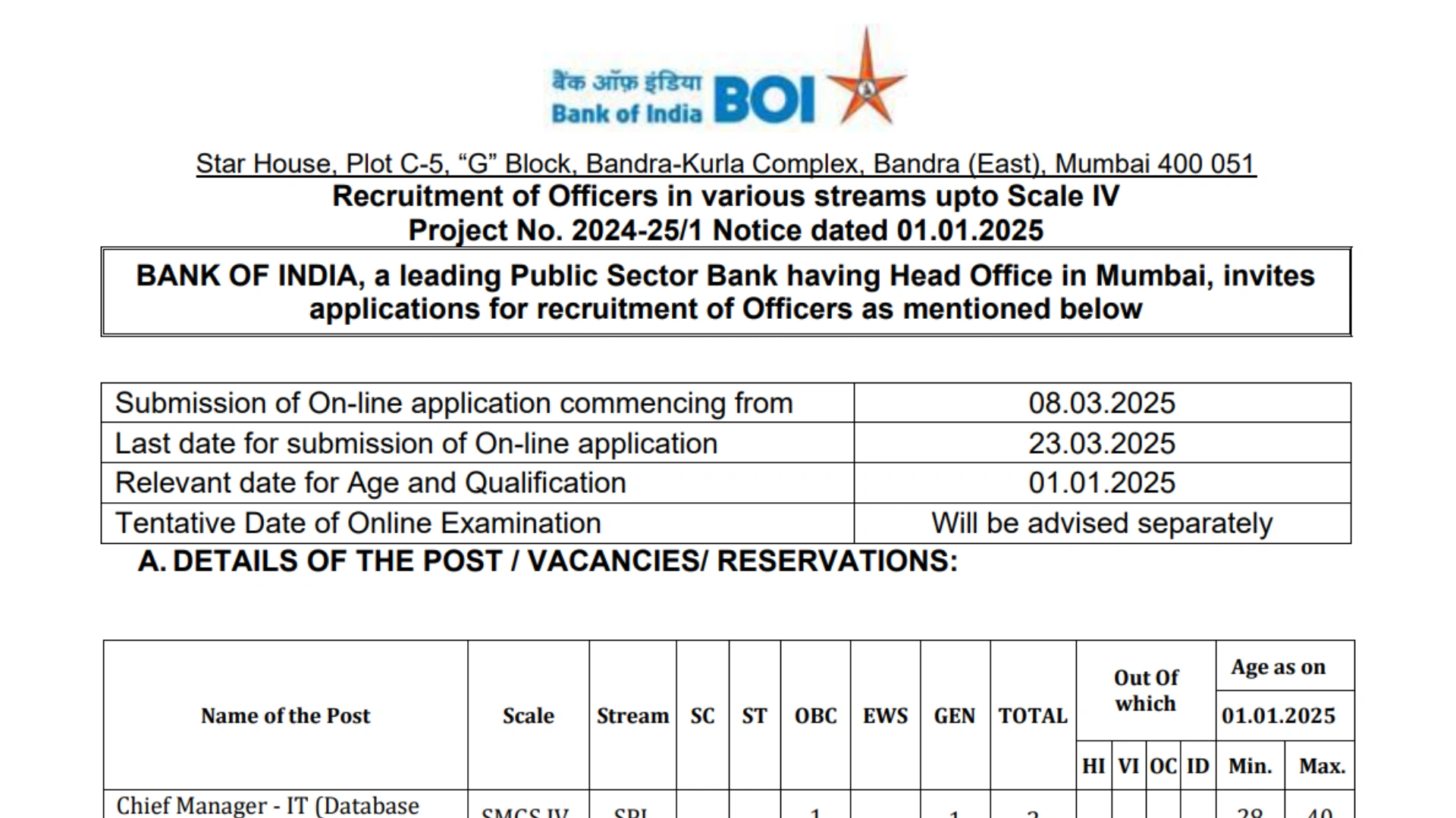 Bank of India Specialist Officer (SO) Recruitment 2025 Notification Released for 180 Posts, Apply Online