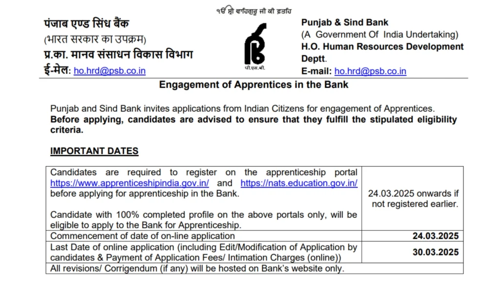 Punjab & Sind Bank Bank Apprentice Recruitment 2025 Notification Released for 158 Posts, Apply Online