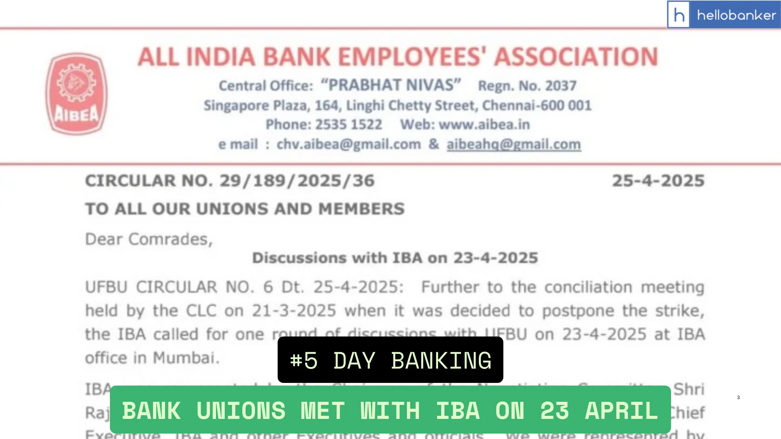 Bank Unions met with IBA on 23 April, What about 5 Day Banking?