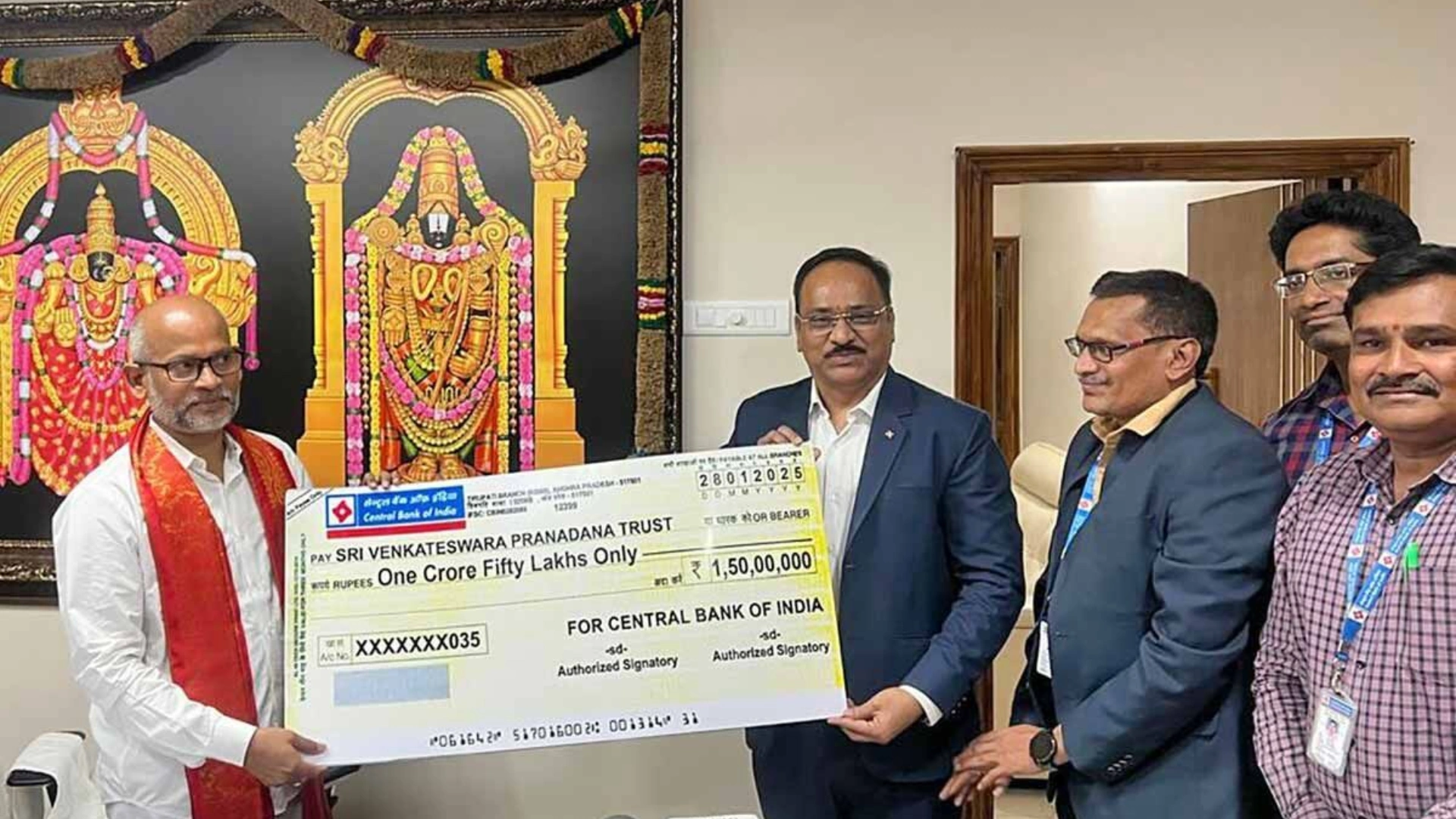 Central Bank of India Donates Rs 1.5 Crore to Sri Venkateswara Pranadana Trust for CSR Initiatives