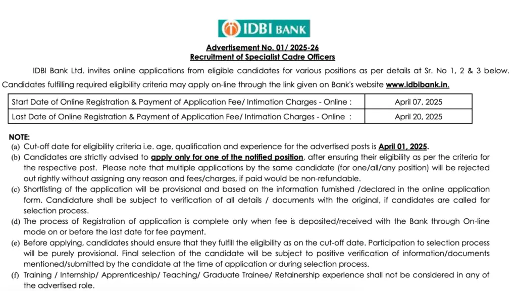 IDBI Bank Specialist Cadre Officer (SCO) Recruitment 2025 Notification Out, Apply Online