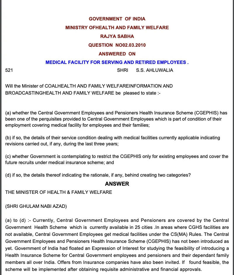 Government reply to CGEPHIS scheme implementation