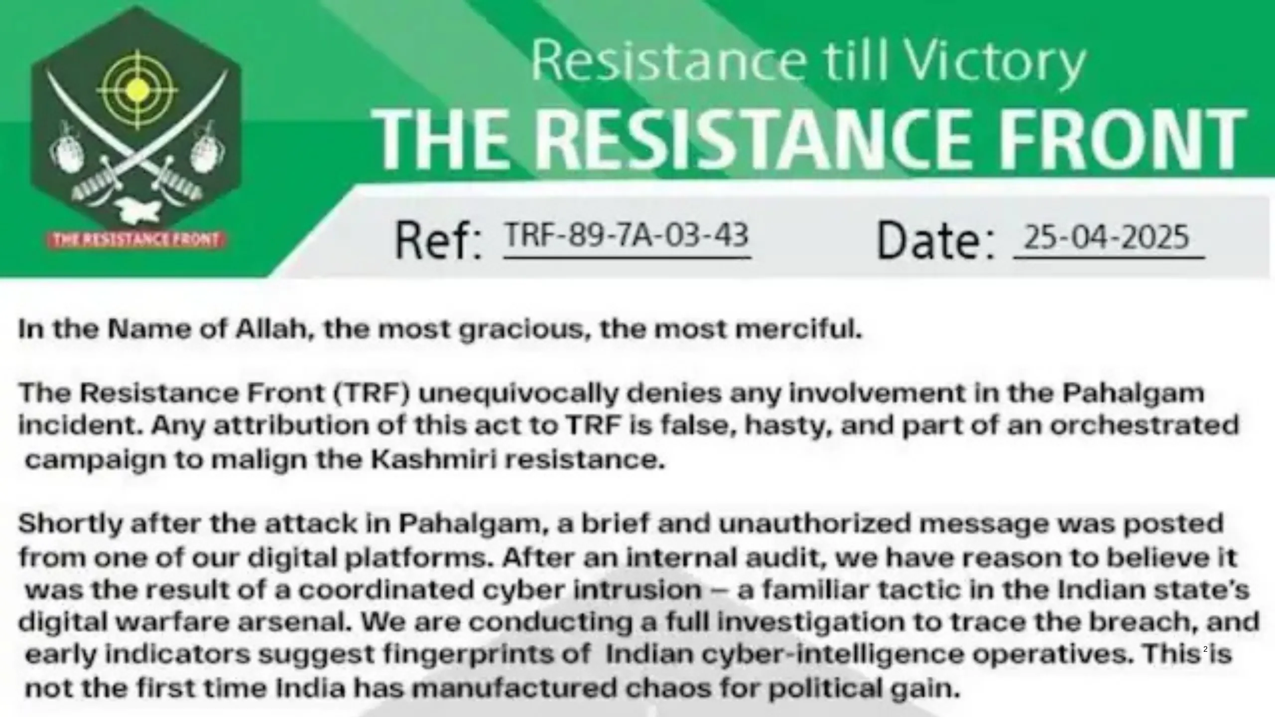 TRF Denies Role in Pahalgam Attack, Pakistan and Terrorists are highly Scared of India