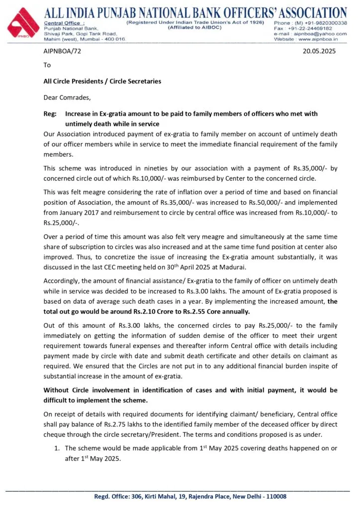 AIPNBOA Letter Regarding increase in Ex-Gratia Amount