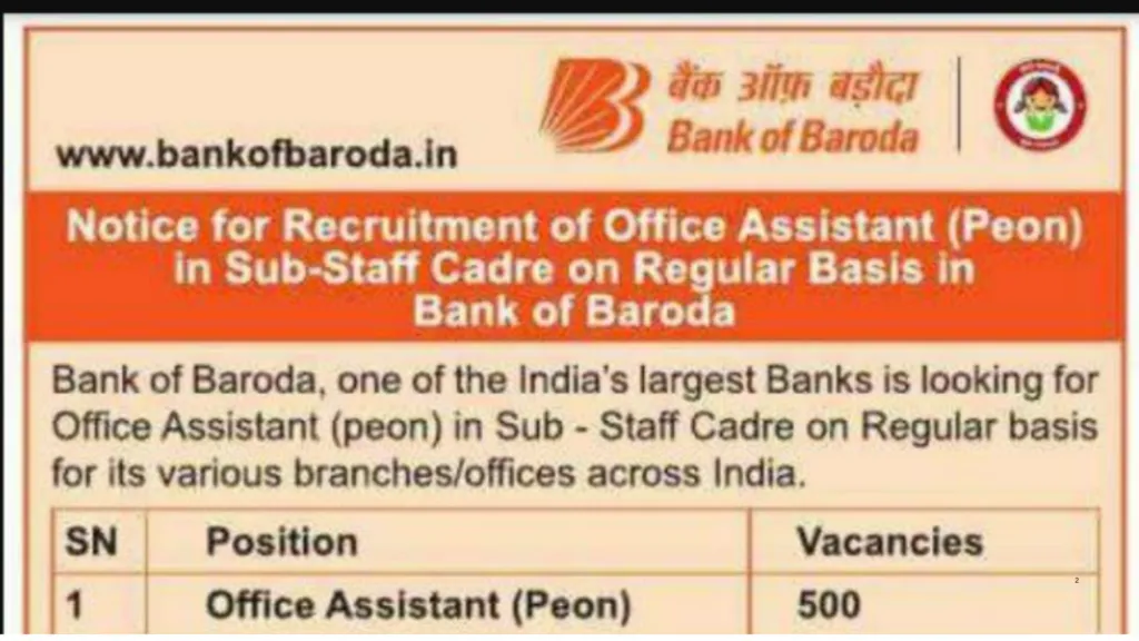 Bank of Baroda Office Assistant (Peon) Recruitment 2025 Notification Released for 500 Posts, Apply Now