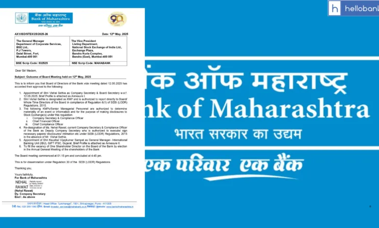 Bank of Maharashtra Announces New Appointments and Organizational Changes in Board Meeting