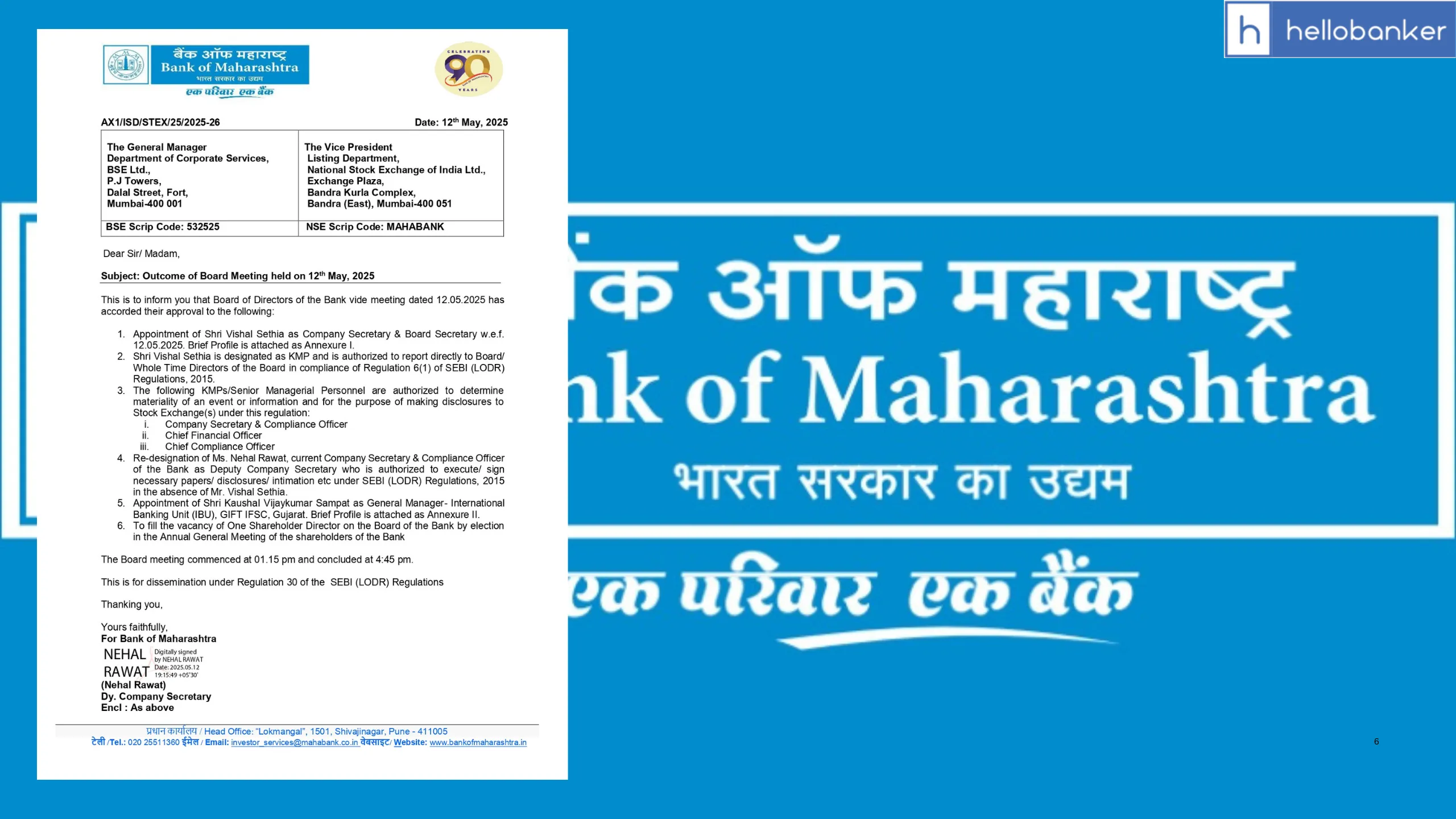 Bank of Maharashtra Announces New Appointments and Organizational Changes in Board Meeting