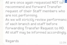 Baroda UP Bank RM asks not to forward Transfer Request of Staffs who are not performing