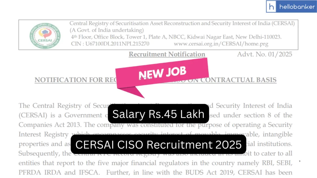 CERSAI CISO Recruitment 2025 Notification Released, Salary Rs.45 Lakhs