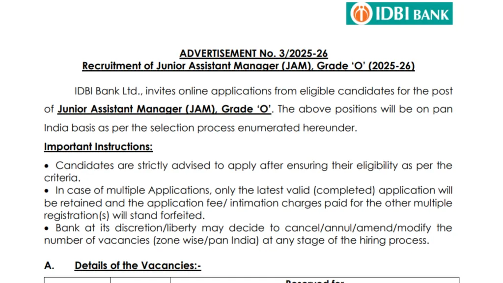 IDBI Bank Junior Assistant Manager (JAM) Recruitment 2025 Notification Released and Apply Online for 676 Posts