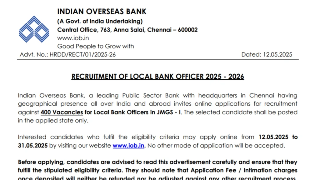 Indian Overseas Bank Local Bank Officer (LBO) Recruitment 2025 Notification Released and Apply Online for 400 Posts