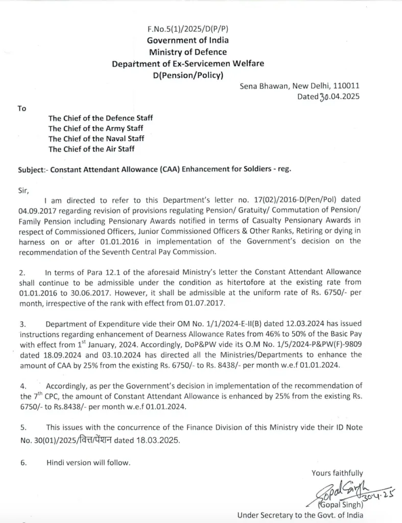 Constant Attendant Allowance (CAA) Increased for Soldiers: Government Order