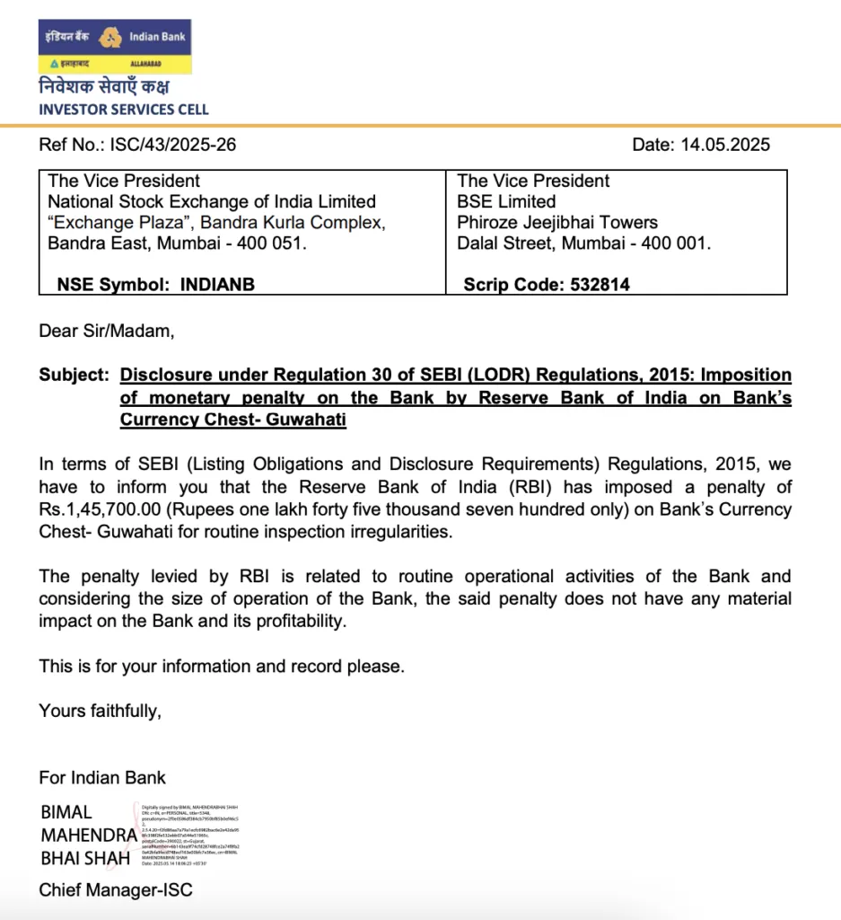 Indian Bank Letter to Stock Exchange