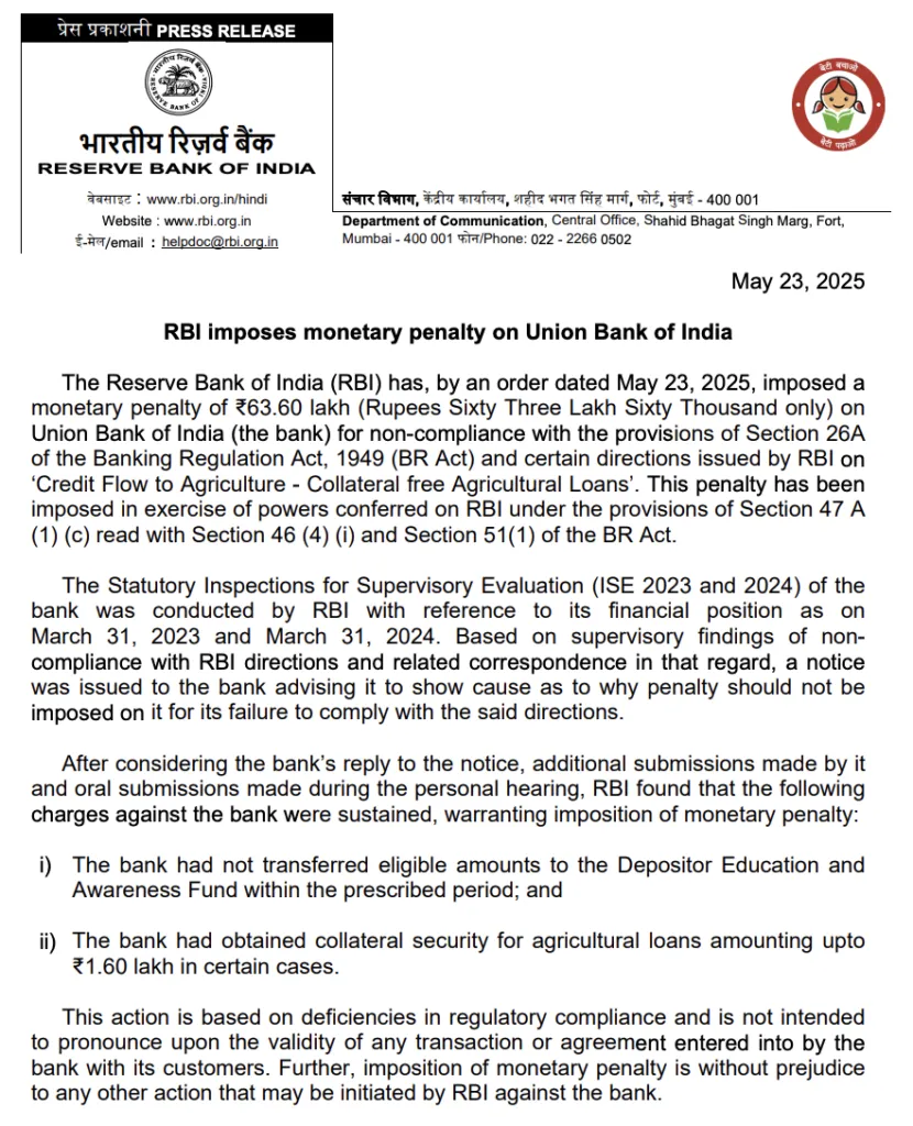 RBI imposes Rs 63.60 Lakh Penalty on Union Bank of India for Violating Guidelines