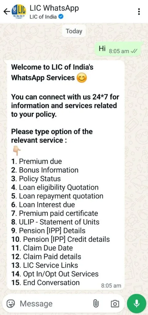 List of LIC Whatsapp Services