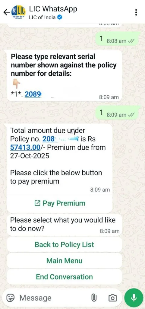 LIC premium payment via Whatsapp