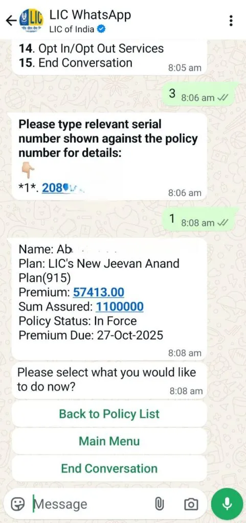 Get LIC Policy Details via Whatsapp