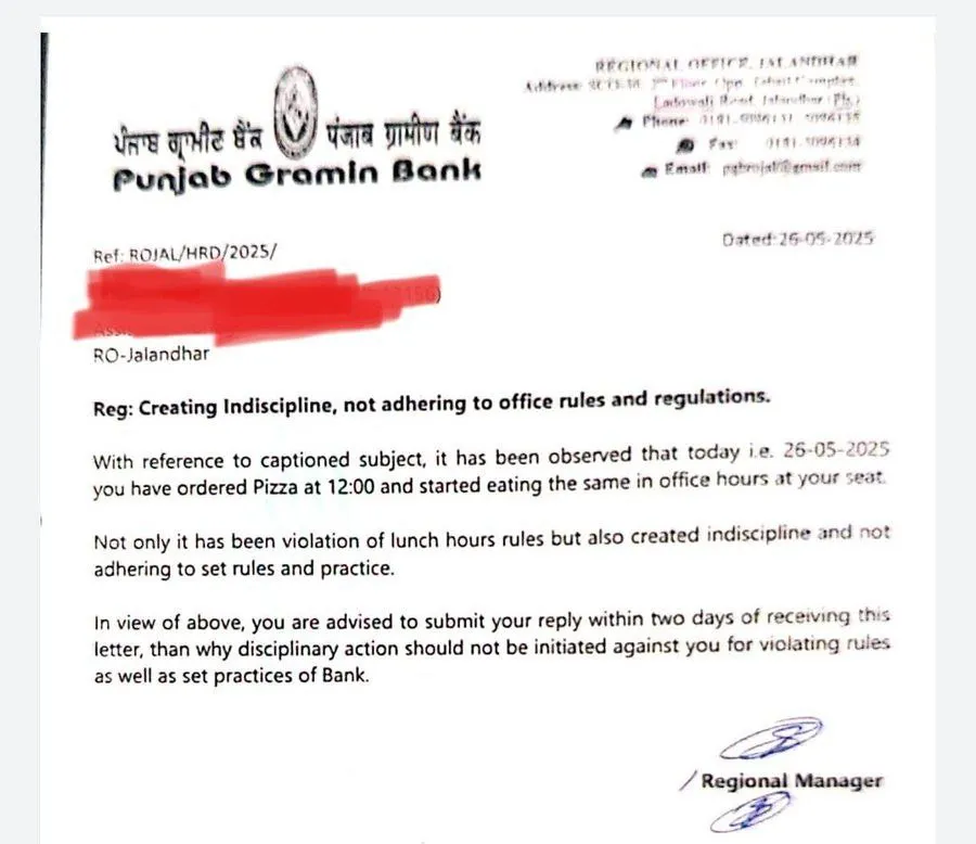Bank Employee issued Explanation for Ordering Pizza at Office