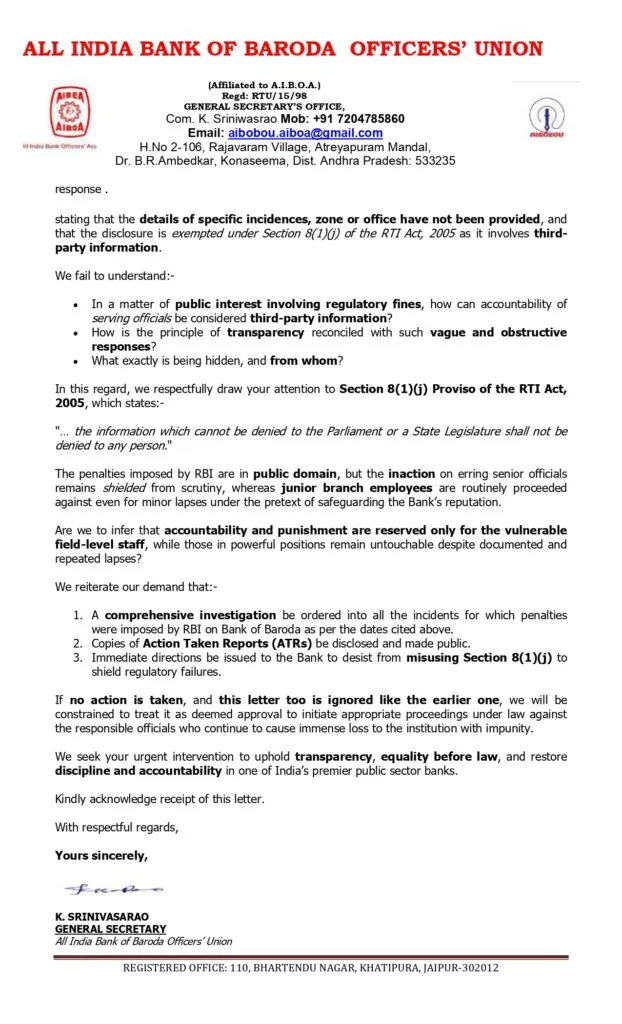 Several Fines imposed on Bank of Baroda: AIBOBOU Letter Page 2