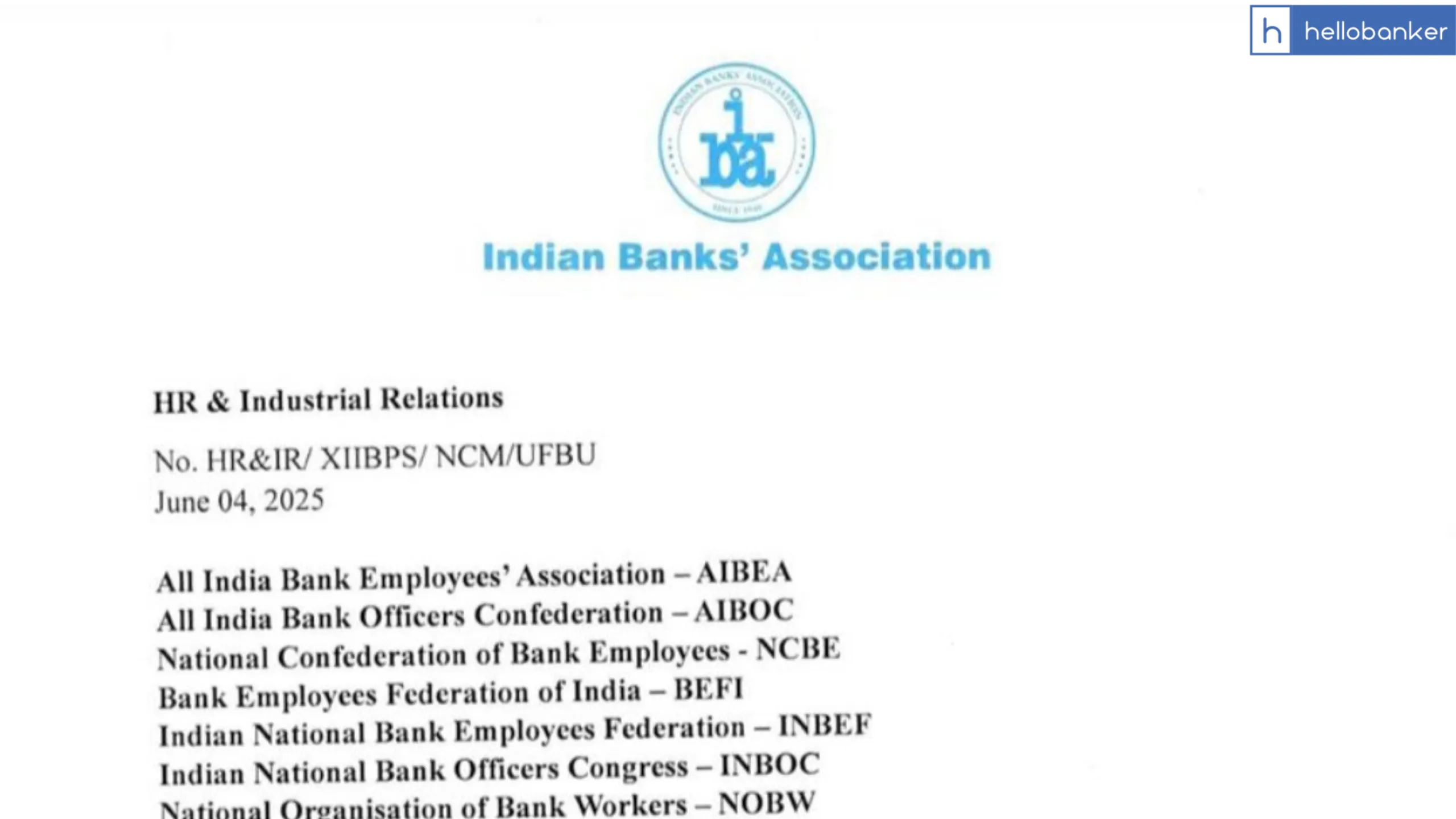 Next Meeting of IBA, Bank Management and Unions will be held on 13 June