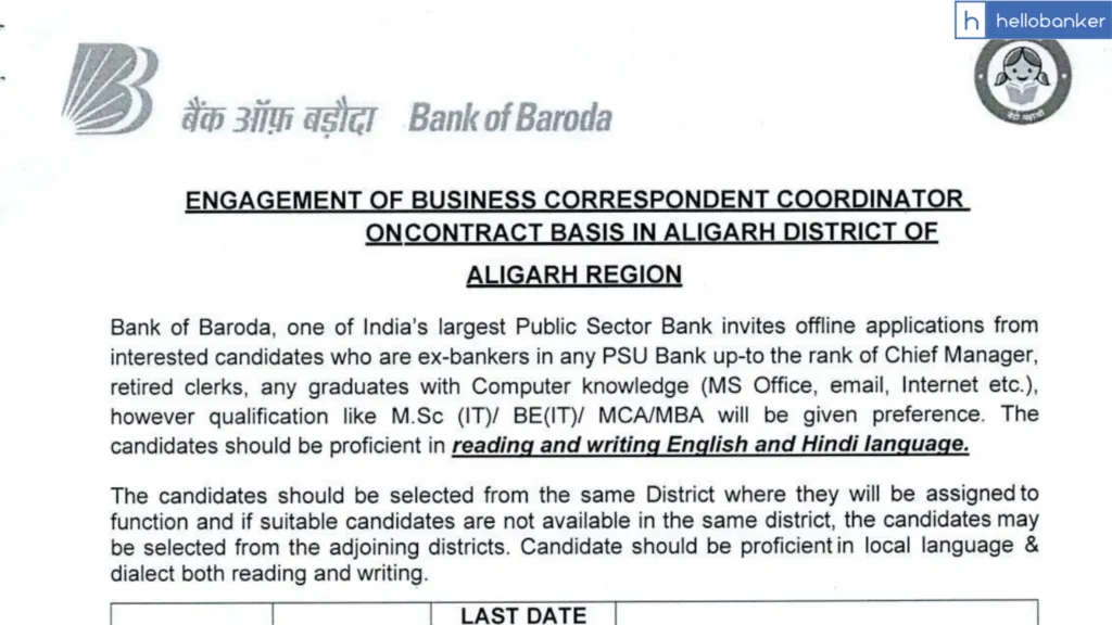 Bank of Baroda Recruitment: Apply for BC Coordinator in Aligarh