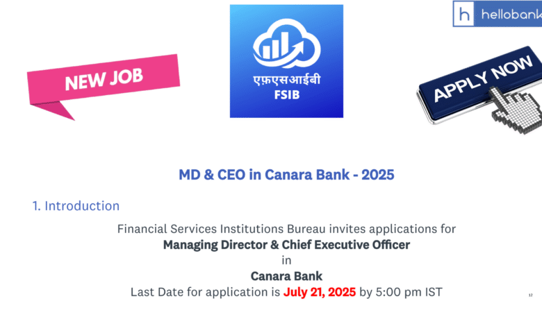 Canara Bank Vacancy Released for Post of MD&CEO, Check All Details