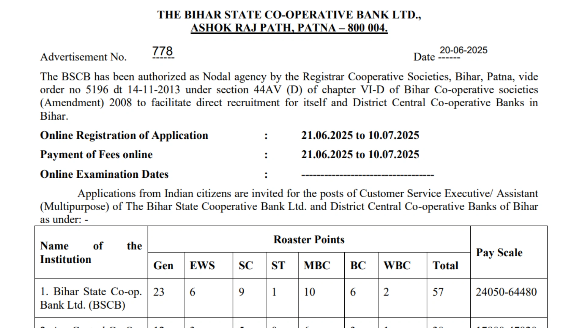 Bihar State Cooperative Bank (BSCB) Clerk Recruitment 2025 Notification Released and Apply Online for 257 Posts