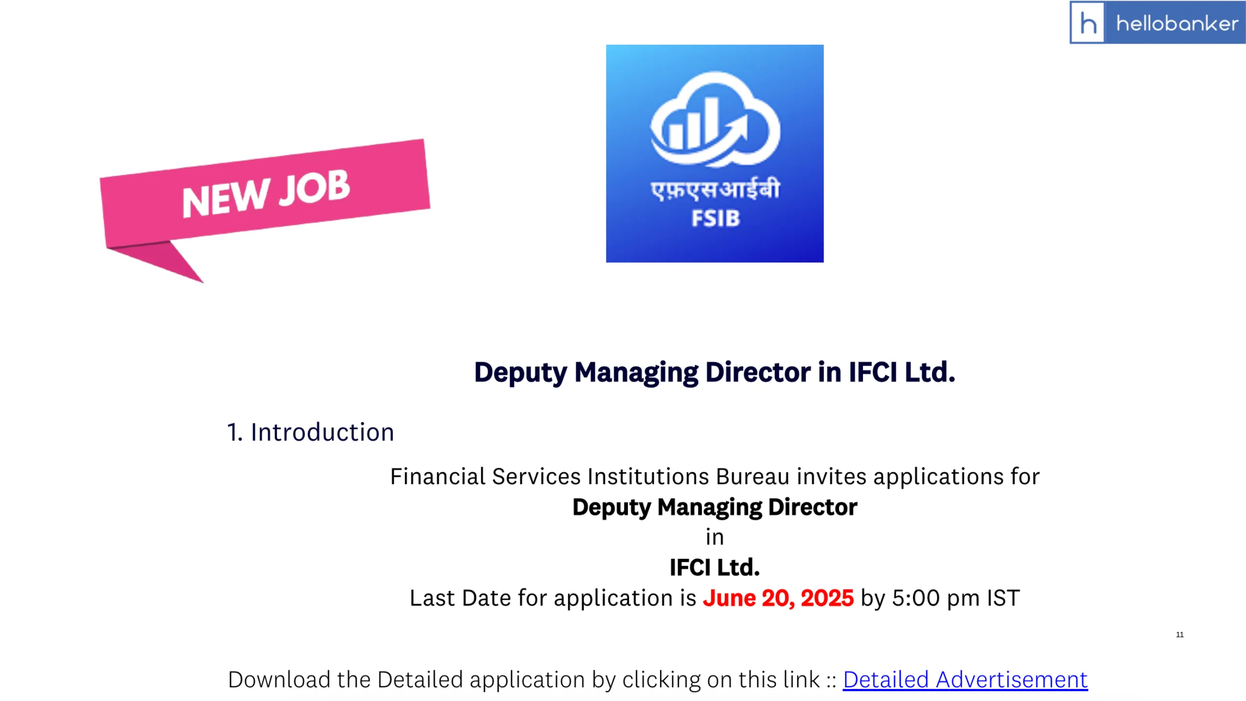 FSIB IFCI Vacancy Released for the position of DMD, Check Eligibility and Apply