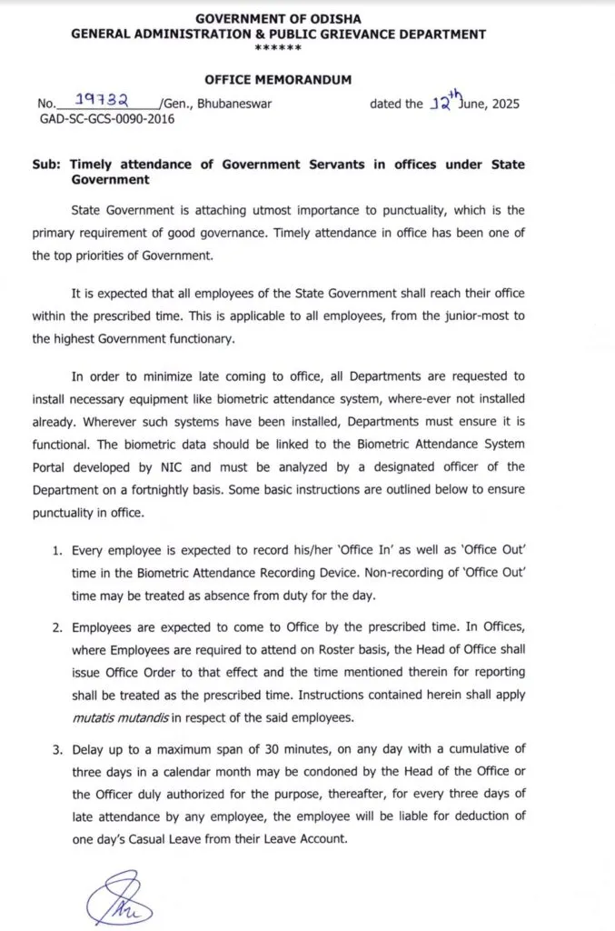 Odisha Government's Letter for Attendance